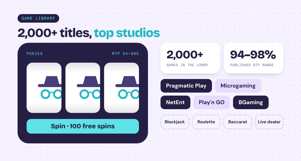Best online casino no KYC game library with 2,000+ titles from Pragmatic Play, Microgaming, NetEnt, Play'n GO and BGaming