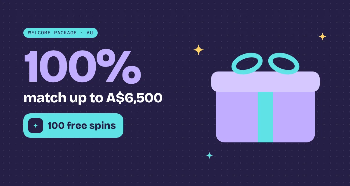 No KYC casino Australia welcome bonus — 100% up to A$6,500 plus 100 free spins